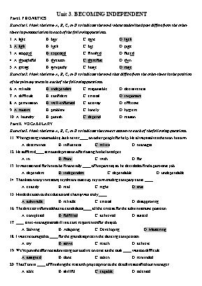 Bài tập Tiếng Anh Lớp 11 - Unit 3 Becoming independent